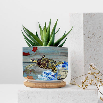 DreamAutumn Planters Ceramic Ocean Theme Sea Turtle Ceramic Pots with Drainage Holes Round Flowerpot Bamboo Tray Plant Pots for Succuelnt and Little Snake Plants Pots for Nana Mommy Grandma