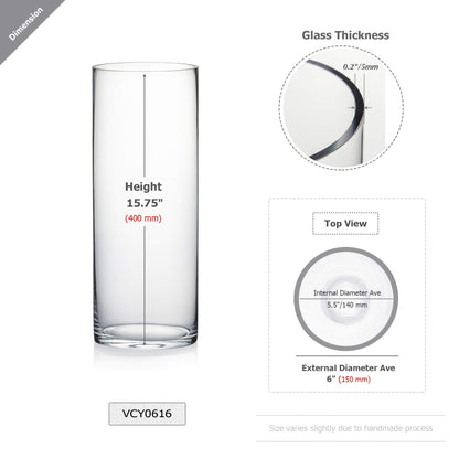 WGV Cylinder Vase, Width 6", Height 16", Clear Glass Container Terrarium Candle Holder for Wedding Centerpiece, Party Event, Home Office Decor, 1 Piece