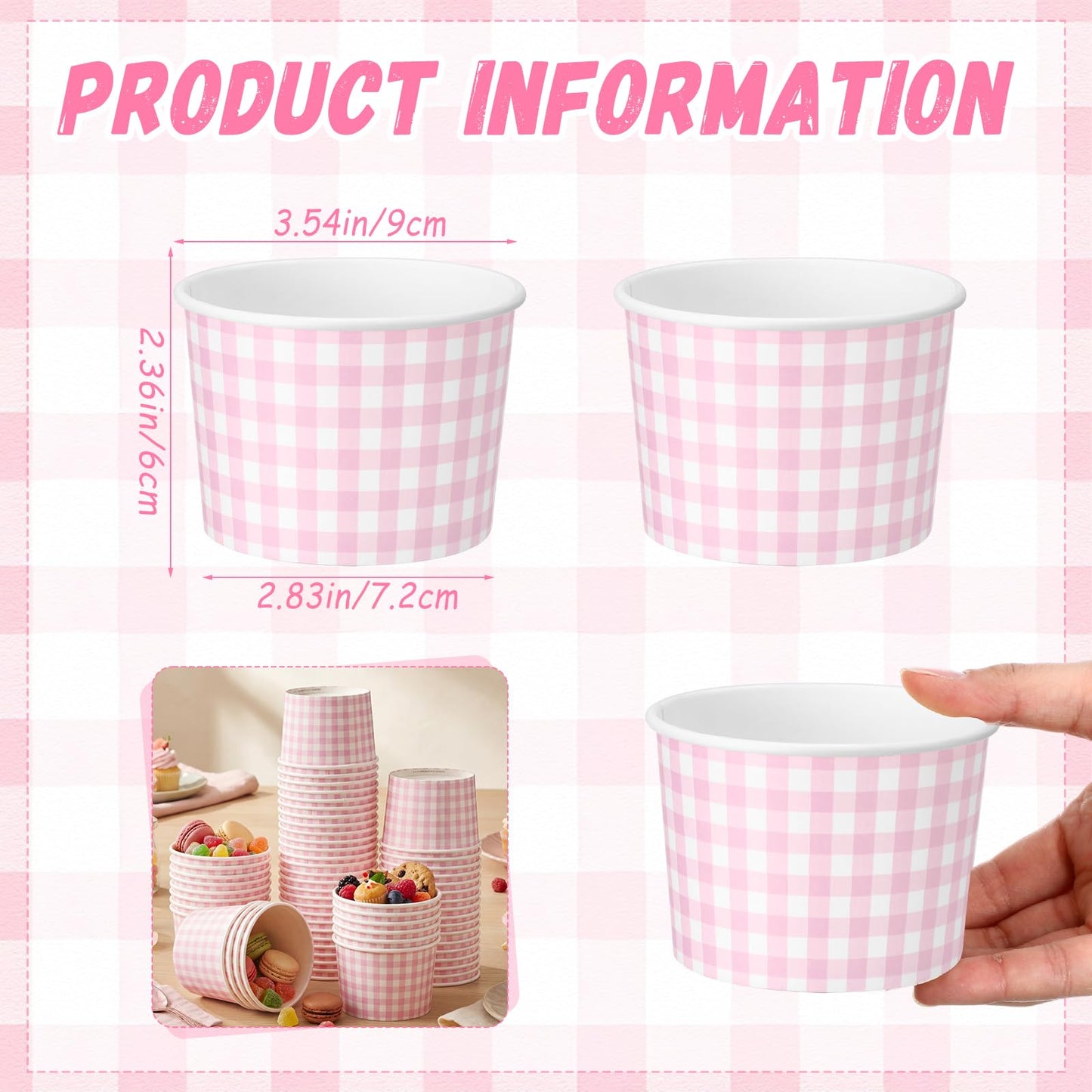 Nuanchu 100 Pack 9 oz Gingham Treat Snack Cups Pink and White Checkered Disposable Paper Cups for Dessert Ice Cream Bowls for Snacks Soup Hot Cold Food Wedding Birthday Baby Shower Decorations
