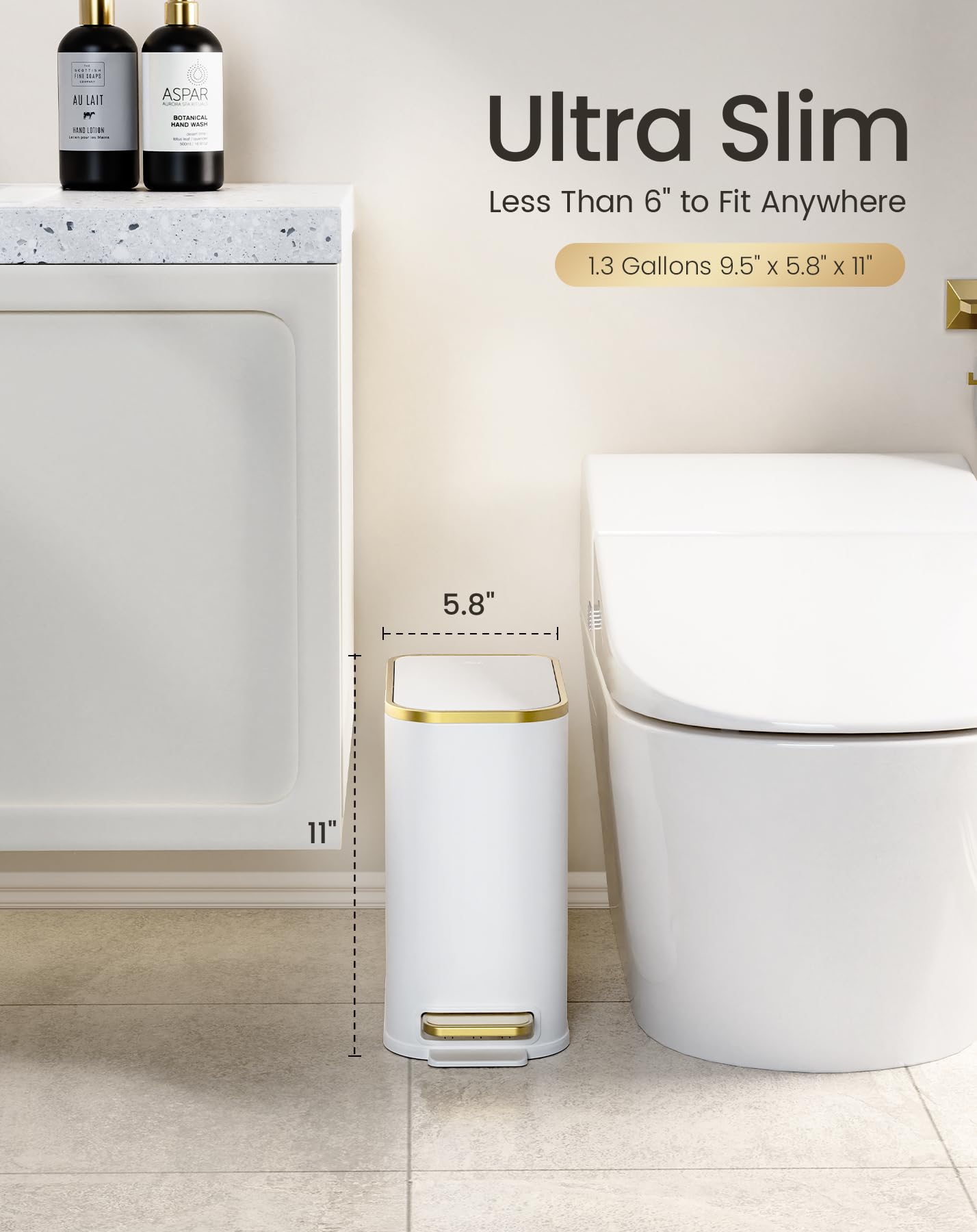 Cesun Small Bathroom Trash Can with Lid Soft Close, 5 Liter/1.3 Gallon Stainless Steel Garbage Can with Removable Inner Bucket, Step Pedal, Slim Waste Basket for Toilet, Office, Bedroom (White&Gold)
