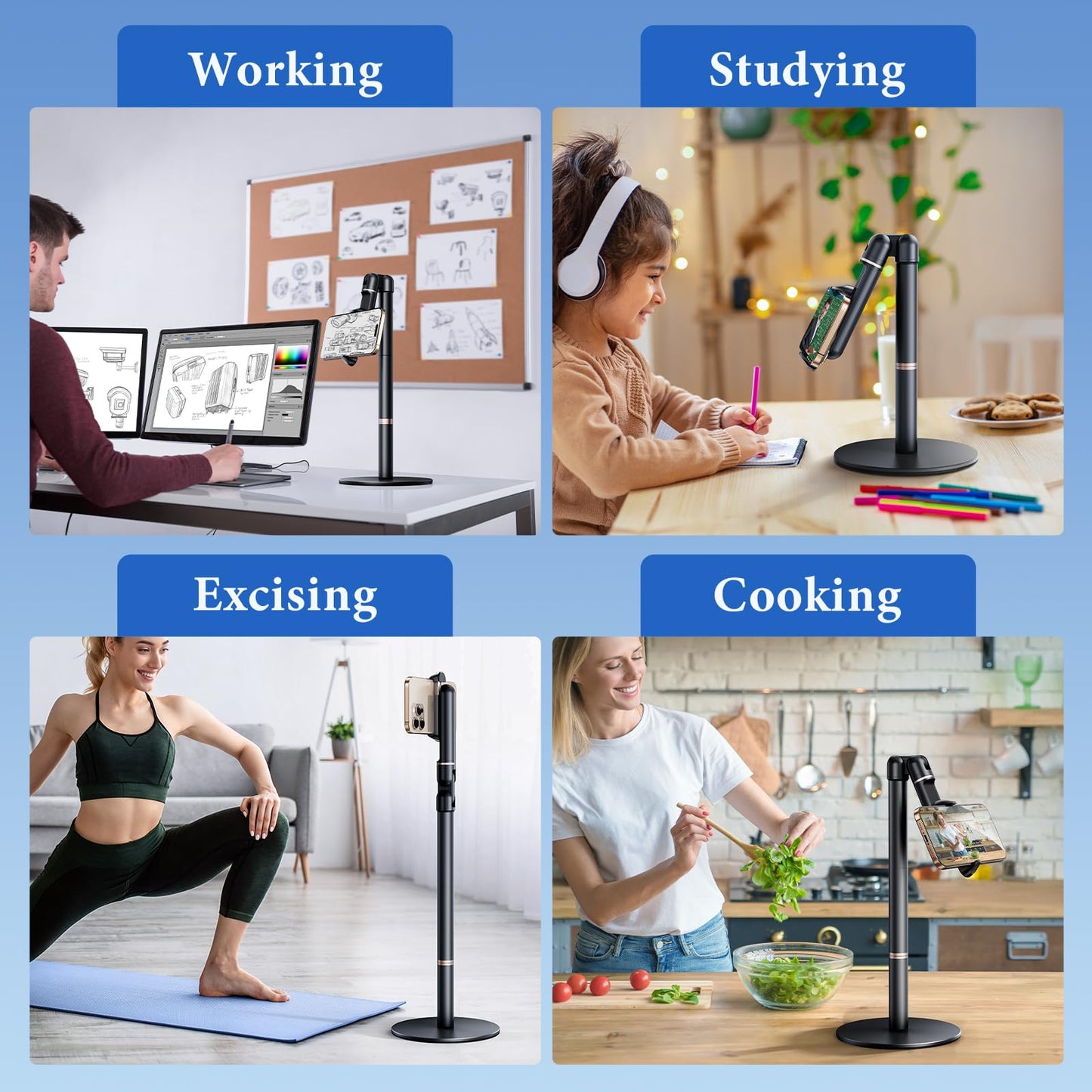 Nauttxon Angle Height Adjustable Phone Holder for Desk [10"-25"] - Retractable Cell Phone Holder for Video Recording Cooking Excising Working Reading -Aluminum iPhone 17 16 15 14 Pro Max Air Stand