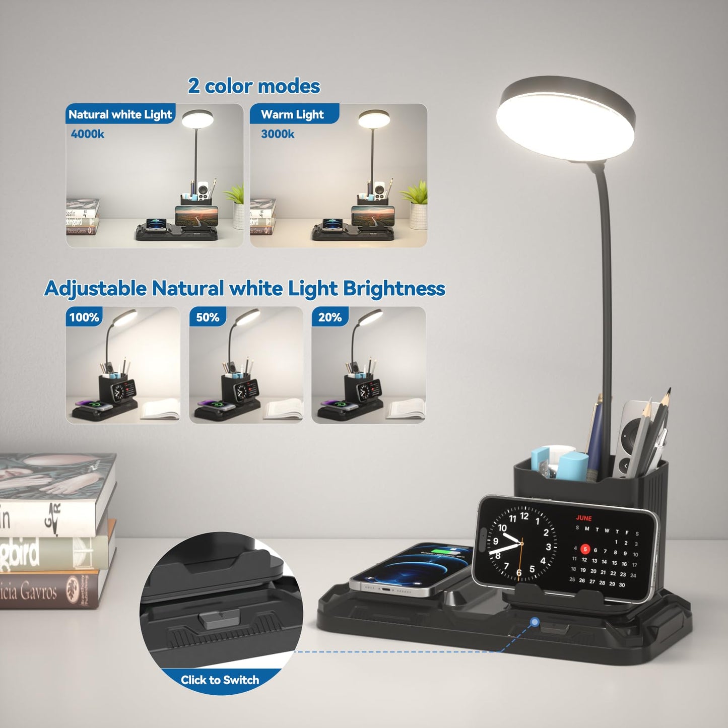 KDD 4 in 1 Desk Lamp with Wireless Charger - 360° Rotating Gooseneck Small Table Lamp with Pen Holder & Phone Stand, Adjustable White and Warm Light Dual Mode LED Desk Light for College Dorm Room