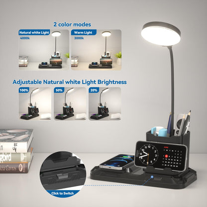 KDD 4 in 1 Desk Lamp with Wireless Charger - 360° Rotating Gooseneck Small Table Lamp with Pen Holder & Phone Stand, Adjustable White and Warm Light Dual Mode LED Desk Light for College Dorm Room