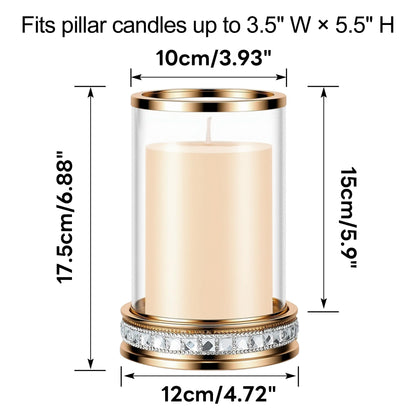 2pcs Hurricane Candle Holder, Pillar Candle Holders with Clear Glass Sleeve, Small Crystal Lantern for Fall Thanksgiving Christmas Holiday Dining Table Centerpiece (Gold)