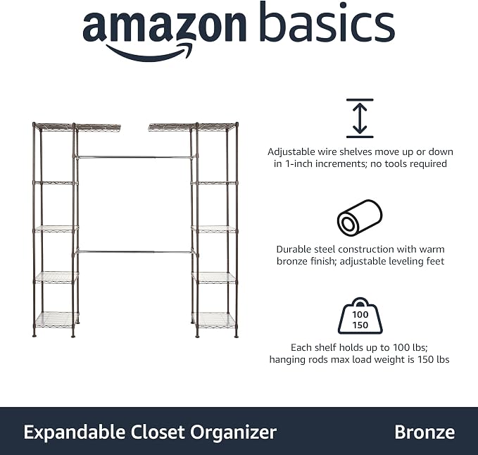 Amazon Basics Expandable Metal Hanging Closet Organizer and Storage Rack Wardrobe with Shelves, 57-80''L x 14''W x 72''H, Bronze