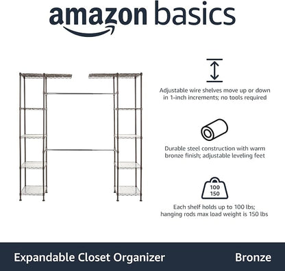 Amazon Basics Expandable Metal Hanging Closet Organizer and Storage Rack Wardrobe with Shelves, 57-80''L x 14''W x 72''H, Bronze