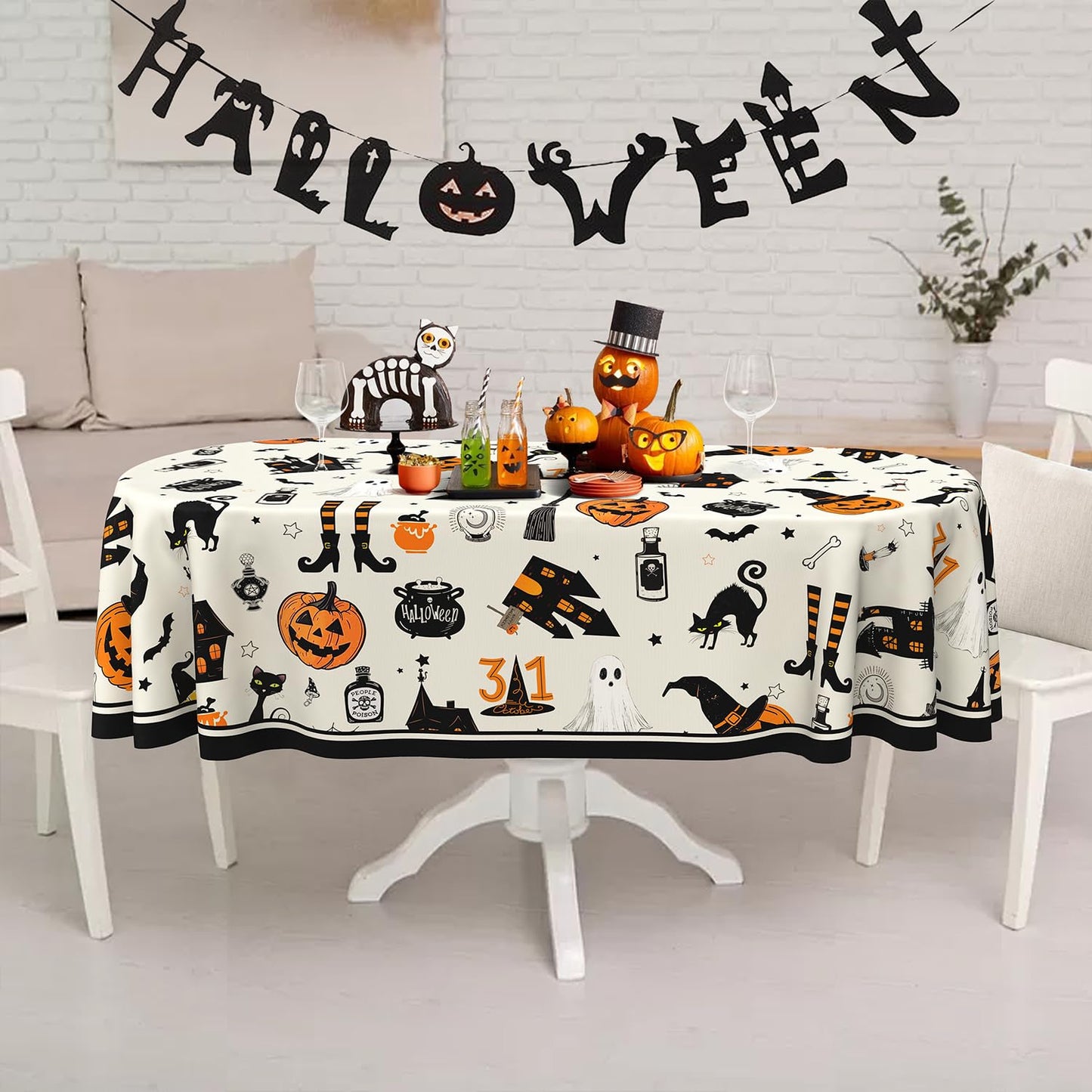Yighty Oval Halloween Tablecloth 60x84In,Horror Pumpkin Castle Skull Tablecloth,Polyester Waterproof Wrinkle-Resistant and Durable Table Cloth,Suitable for Halloween,Parties,Holiday,Kitchens