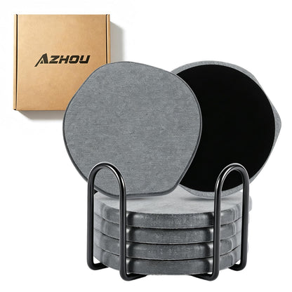 Azhou 6Pcs Absorbent Diatomaceous Earth Coasters Set with Holder - 4 Inch Quick-Dry Stone Coasters with Scratch-Resistant Surface & Velvet Base, Reusable Home Decor for Coffee Bar, Office Desk