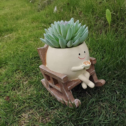 Bsearty Smiley Flower Pot, Sitting Rocking Chair Relax, for Succulent Plant Pot, Suitable for Indoor and Outdoor, Gifts for Friends and Christmas, with Drainage Holes