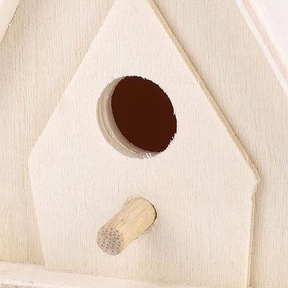 4Pcs Unfinished Wooden Bird House, Hanging Birdhouse for Outside Wood Bird Nests Box with Pole Creative Unpainted DIY Crafts Bird Houses for Garden Courtyard Decor