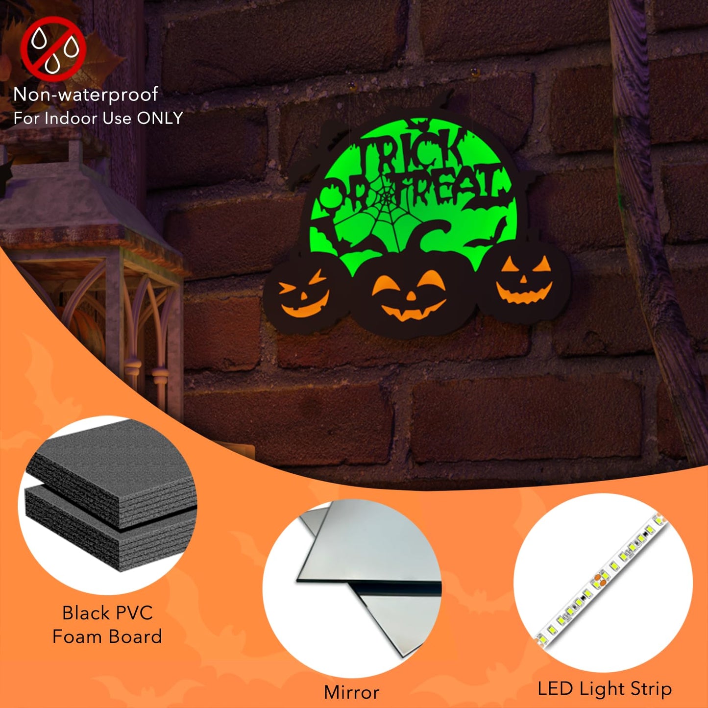 Halloween Pumpkin Lights, LED Connected Jack O Lantern With Light Up Green Moon, Bat Spider Web & Trick or Treat Wording, USB & Battery Powered With Timer, Halloween Decorations Kids Wall Window Art