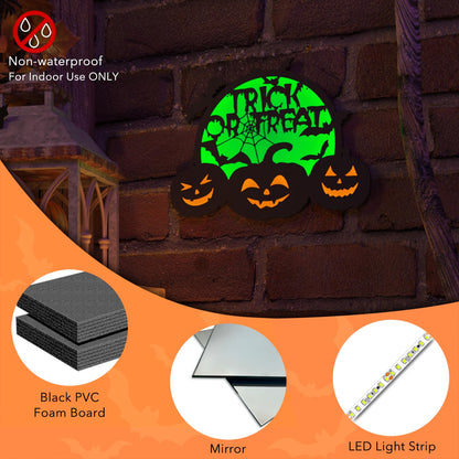 Halloween Pumpkin Lights, LED Connected Jack O Lantern With Light Up Green Moon, Bat Spider Web & Trick or Treat Wording, USB & Battery Powered With Timer, Halloween Decorations Kids Wall Window Art