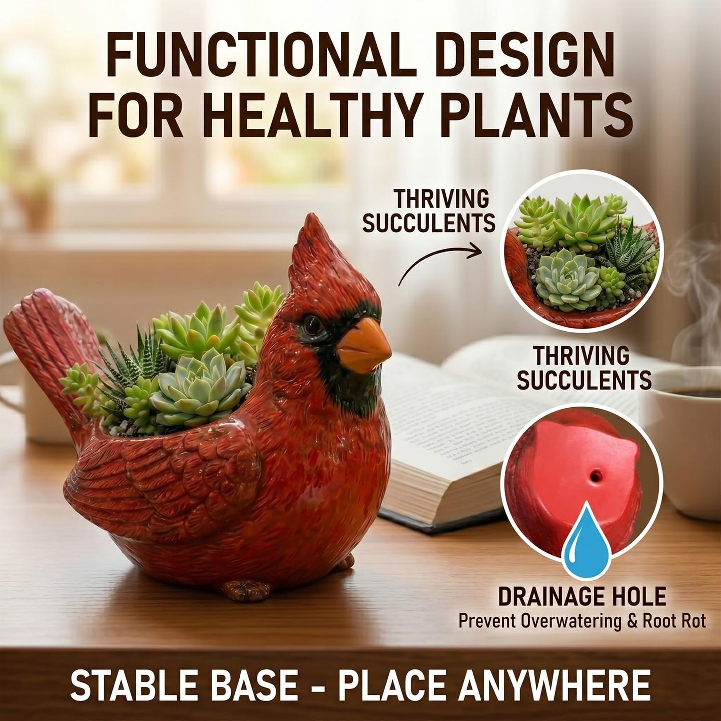 Cardinal Bird Succulent Planter,Resin Decorative Flower Pots for Indoor Outdoor Plants,Cute Animal Plant Pot,with Drainage Hole,Unique Garden Windowsill Desk Decor Gift for Bird Lovers (Green)