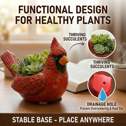 Cardinal Bird Succulent Planter,Resin Decorative Flower Pots for Indoor Outdoor Plants,Cute Animal Plant Pot,with Drainage Hole,Unique Garden Windowsill Desk Decor Gift for Bird Lovers (Green)