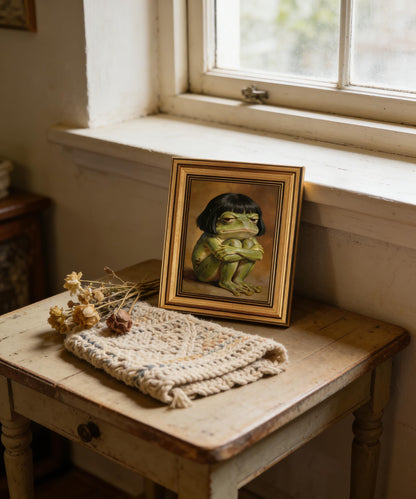 Gold Framed Wall Art, Funny Frog Canvas Prints – Whimsical Moody Frog Pictures Decor, Eclectic Cute Animal Artwork for Bedroom Living Room Dorm 9x11 inch
