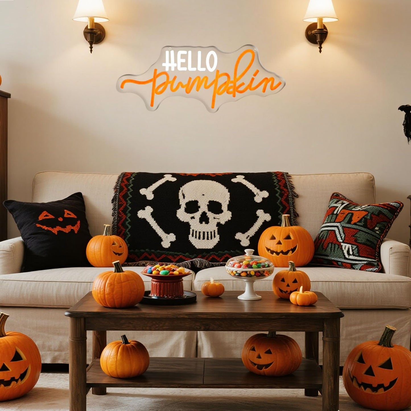 Hello Pumpkin Neon Light Sign Fall LED Wall Decor with Glowing Orange Pumpkin Neon Signs for Autumn Thanksgiving Halloween or Spooky Party Decoration - Home Bar Café Window Light