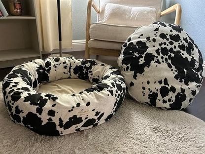 Organic Cotton Canvas Dog Bed: Removable Cover, Natural Fill - Made in USA (Cow Print Black White, X Large 42" x 8" inches)