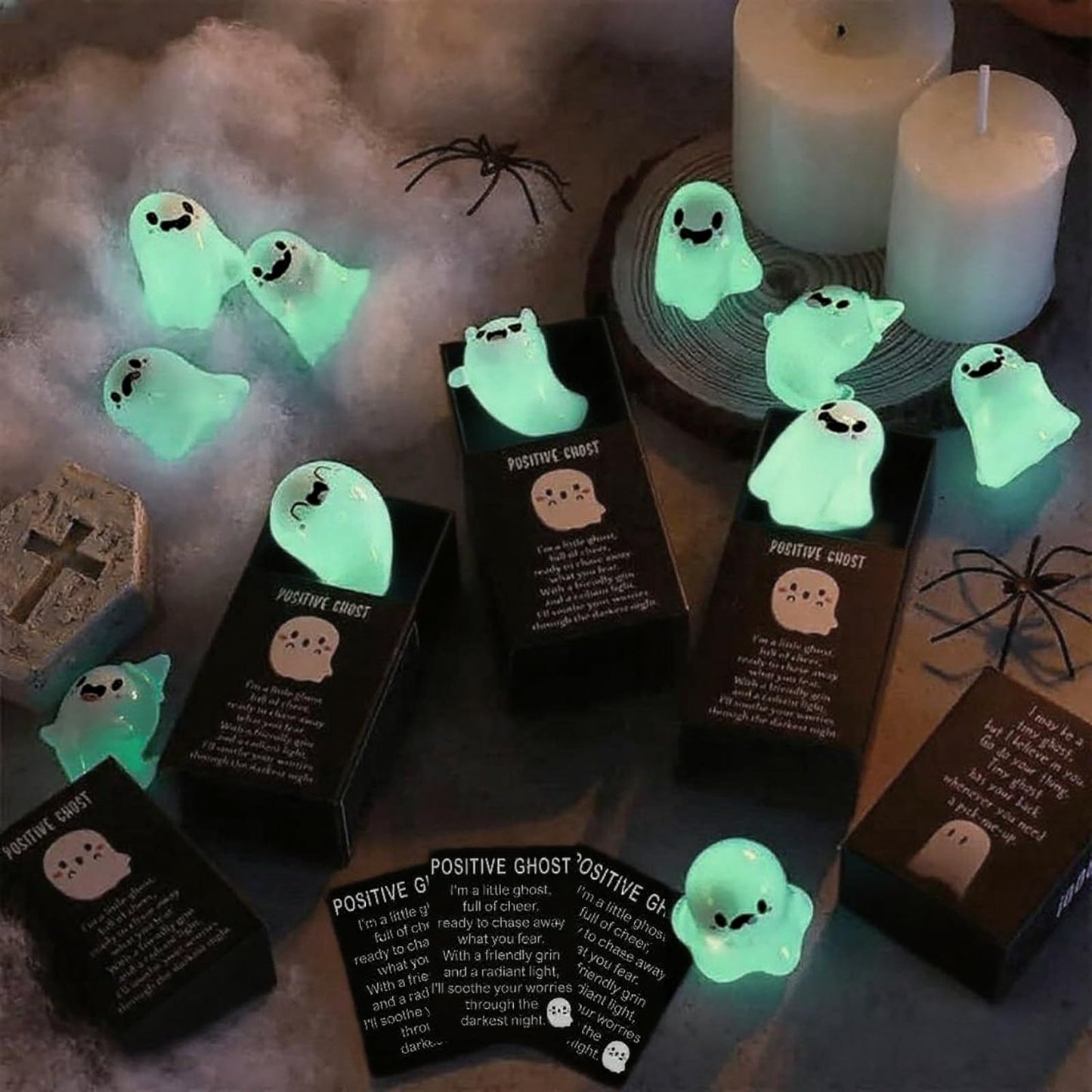 Jxueych Halloween Mini Glow-in-The-Dark Ghost Figurines - 6pcs Resin Collectibles with Positive Messages, Spooky-Cute Decor for Home, Office, Parties (Green)