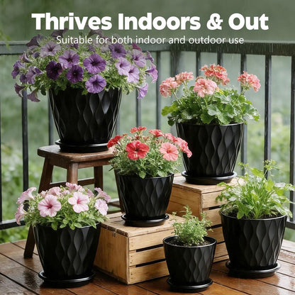 KEETUMOOD Plant Pots, Self Watering Planters with Drainage Holes and Trays, Flower Pots for Indoor Outdoor - 6 Pack(4/5/6/6.5/7/8 Inch) (Black)