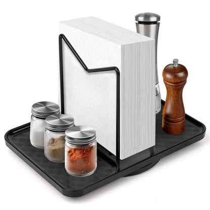 Rotating Napkin Holder for Table, Bamboo Standing Napkin Dispenser with Salt Pepper Shakers Caddy, Black Metal Paper Napkin Holders for Kitchen Dining Table Farmhouse Decor, Shakers Not Included