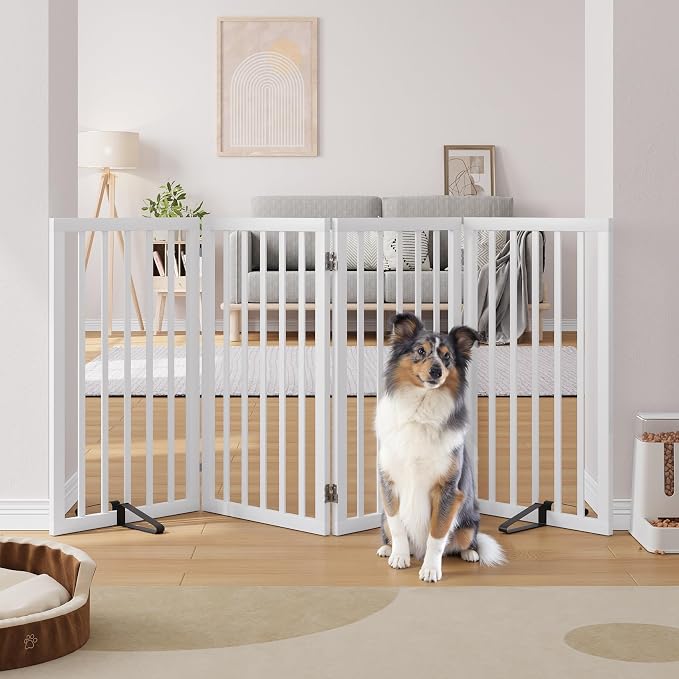 Semiocthome Freestanding Dog Gate 32" Tall, 4-Panel Foldable Dog Gates for Doorways Stairs House, Pet Gate Indoor with 2 Metal Stands, White