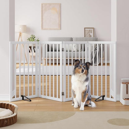 Semiocthome Freestanding Dog Gate 32" Tall, 4-Panel Foldable Dog Gates for Doorways Stairs House, Pet Gate Indoor with 2 Metal Stands, White