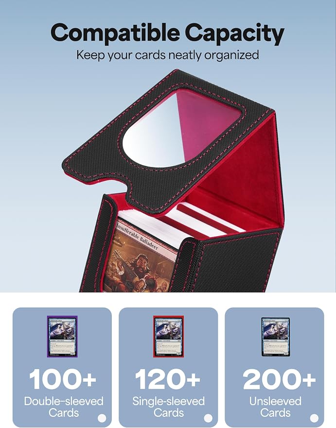 Card Deck Box for MTG Commander, Card Case Holds 100+ Double-Sleeved Cards, Magic Card Box Fits for TCG/PTCG/CCG Card with 2 Dividers (Black&Red)