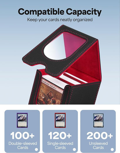 Card Deck Box for MTG Commander, Card Case Holds 100+ Double-Sleeved Cards, Magic Card Box Fits for TCG/PTCG/CCG Card with 2 Dividers (Black&Red)