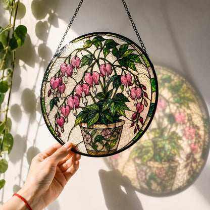 Stained Glass Window Hanging Sun Catcher Stained Glass Kit Style Pink Bleeding Heart Potted Floral Round Panel for Indoor Window Wall Garden Decor Gift