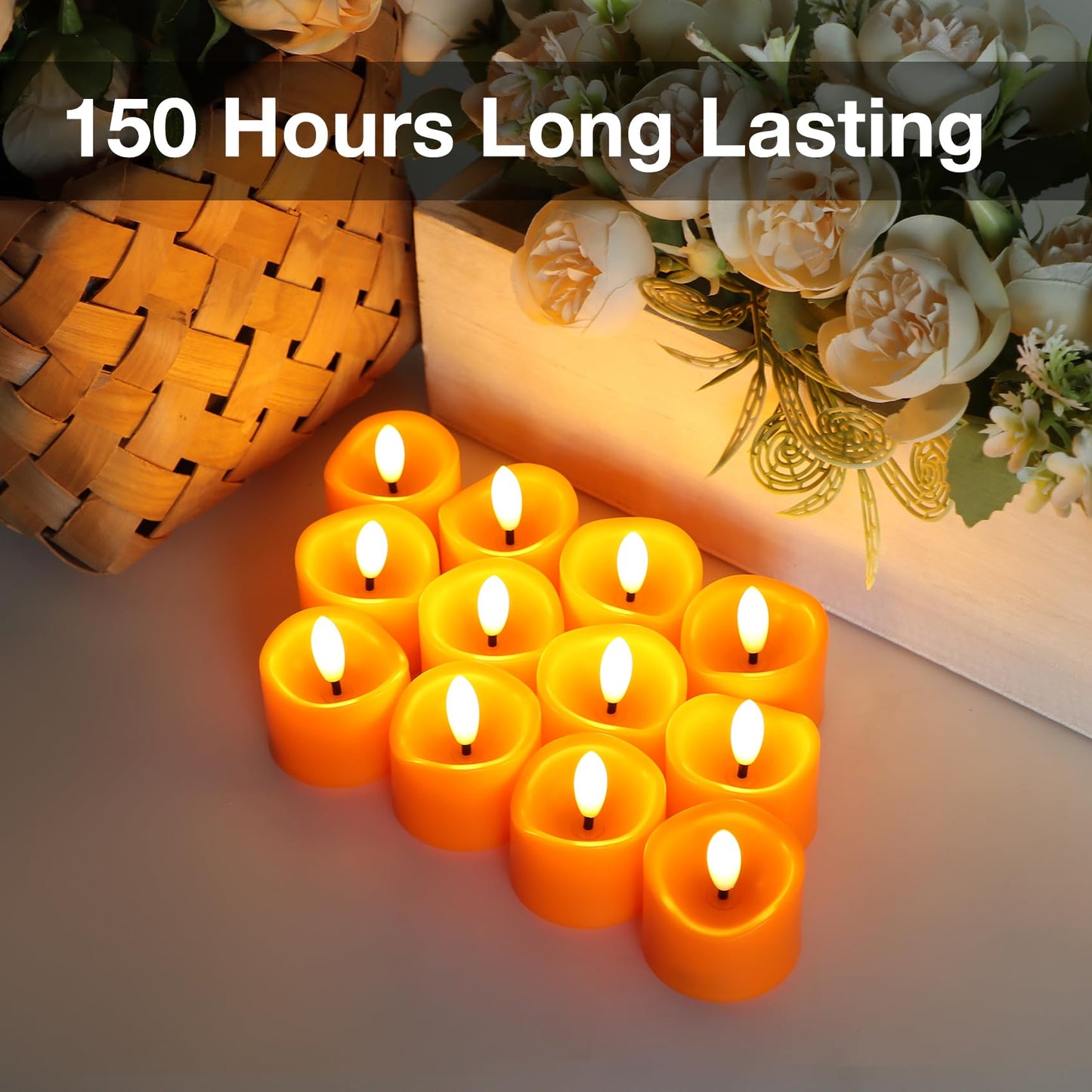 7LinRay 24 Pack Orange Flameless Tealights Candles, Flickering Battery Operated Tea Lights, Realistic Electric Fake LED Votive Candles for Halloween, Pumpkin, Thanksgiving, Christmas Decor