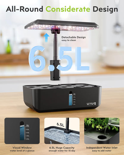 URUQ Hydroponics Growing System Garden: 12 Pods Indoor Gardening System with Custom Time Grow Light Height Adjustable Quiet Plants Germination Kit - Gardening Gifts Charcoal