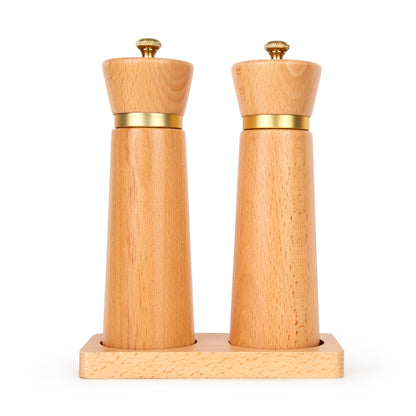 Besti Wooden Salt and Pepper Grinder Set with Tray - Striped Acacia Refillable Grinders for Salt, Pepper, Seasonings, Reusable Pepper & Salt Mill - Kitchen & Dining Table (7" Beech)