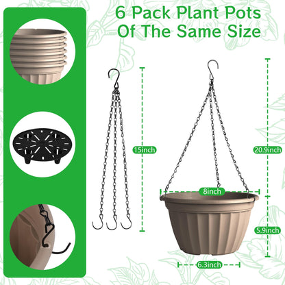 FGstyle 6 Pack Hanging Planters 8 Inch, Self Watering Pots for Indoor Plants, Plastic Hanging Basket with Soil Elevator and 20" Chain for Home Garden Porch Balcony Patio Decor (Beige)