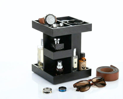 Aurenzo Cologne Organizer for Men, 3 Tier Black Wood Perfume Display Stand with 360° Rotate Base, Mens Cologne and Jewelry Organizer Shelf for Bathroom Countertop Storage & Nightstand, Gift for Men