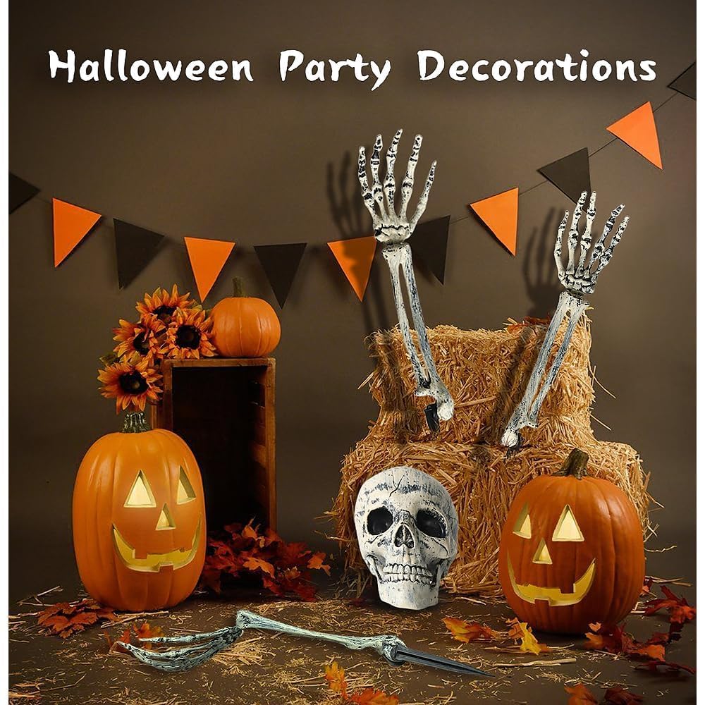 JIEFULL Halloween Skeleton Hands Stakes for Yard, Plastic Realistic Zombie Ghost Scary Arm Stake for Outdoor Lawn Props Party Decorations(2 Pairs)