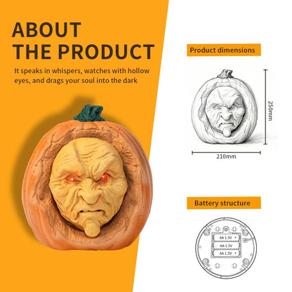 SeasonFable Whispering Gourdon Halloween Animated Pumpkin, Resin, Flickering Red LED Eyes, Eerie Talking Effect, Battery Powered, Horror Style, Indoor Decor