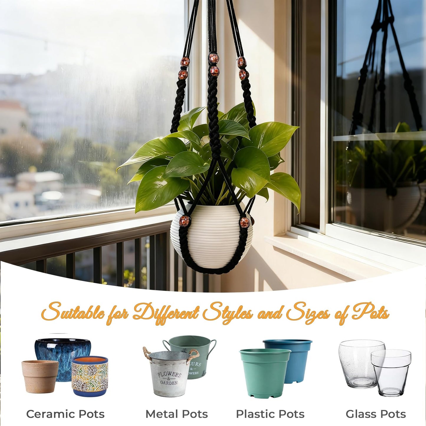HOREAKHJ 35 Inch Macrame Plant Hanger, Large for up to 15 Inch Pot Extra Long Hanging Planter Holder Basket with Wood Beads for Indoor Outdoor Home Decor (Black, 1-Pack)
