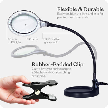 Brightech LightView Pro Flex 2 in 1 Magnifying Desk Lamp, 2.25x Light Magnifier, Adjustable Gooseneck Magnifying Glass with Light for Crafts, Reading, Close Work