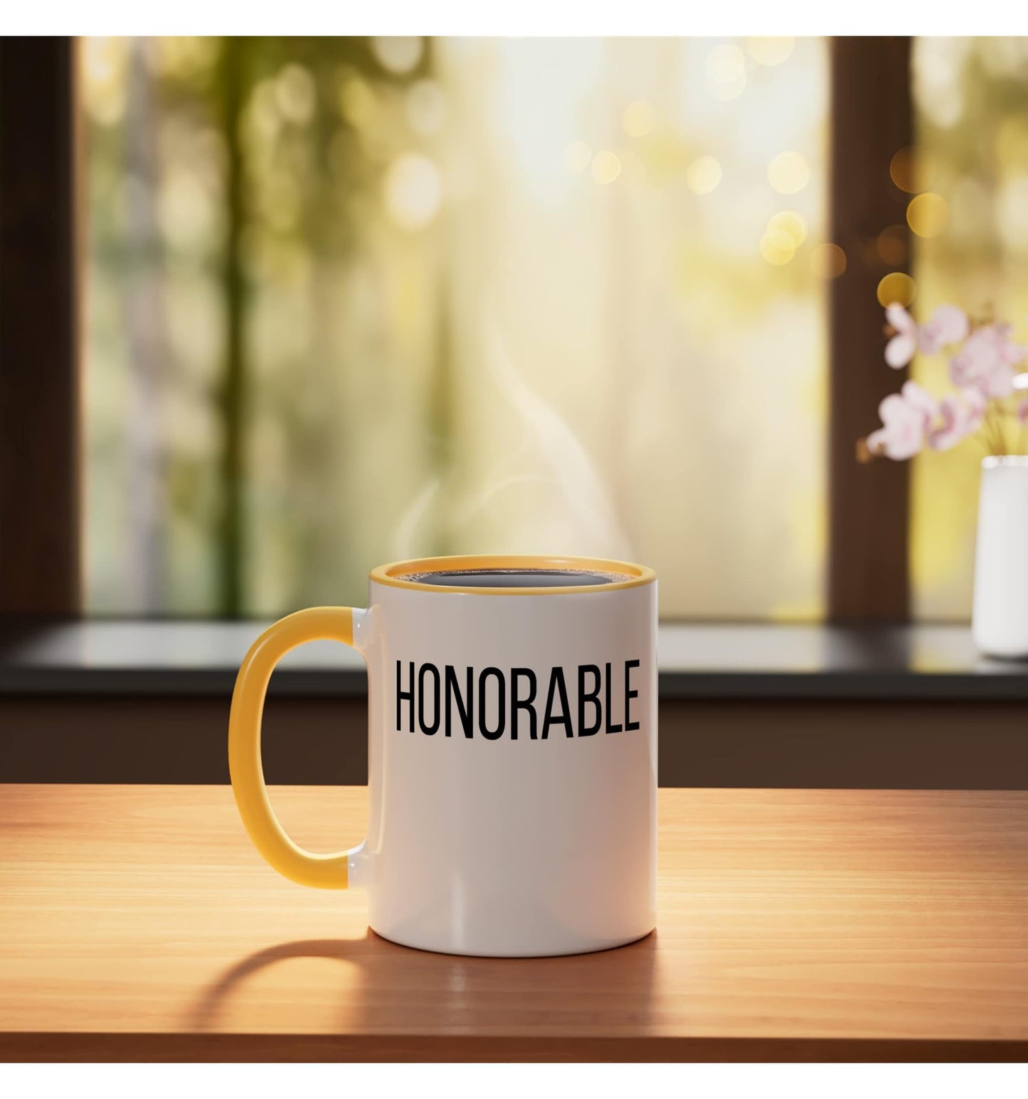 Honorable Single Word Adjective Simple Halloween Costume Ceramic Mug, Yellow/White