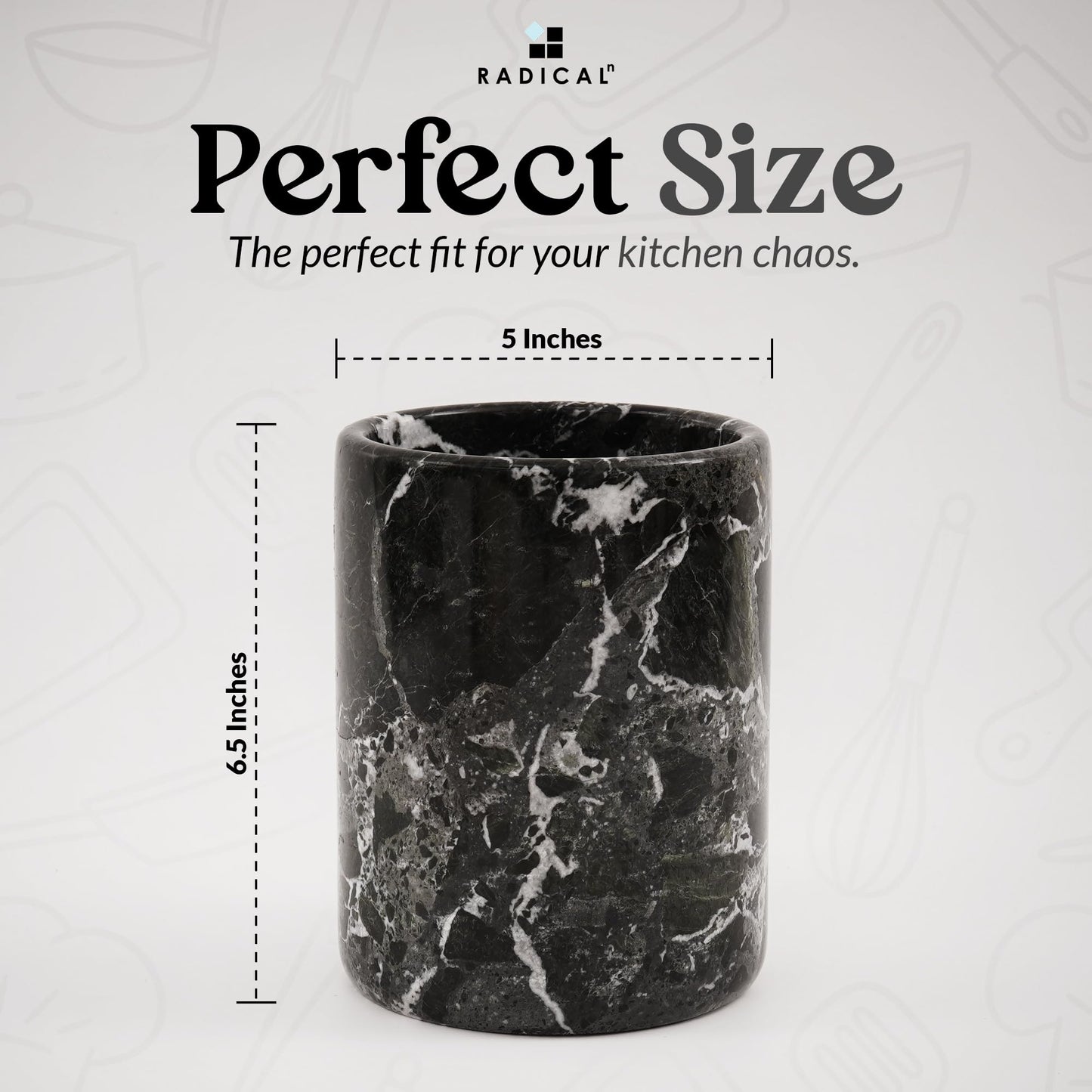Radicaln Marble Utensil Holder 6.5" Inches Black Handmade Spatula Set for Kitchen Counter, Cooking Utensils Jar & Kitchen Essentials Organizer, Ideal Utensil Caddy & Spoons Holder