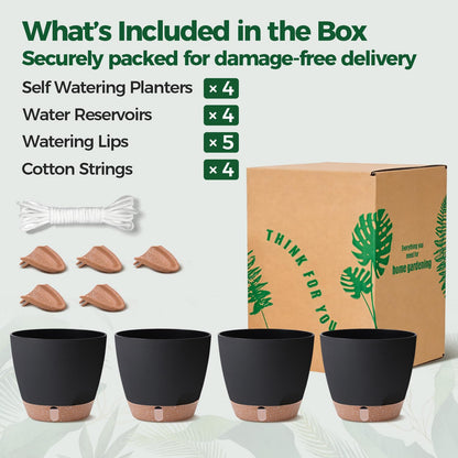 T4U 6 Inch Self Watering Pots for Indoor Plants - Mess-Free Bottom Watering Planter for Herbs/Pothos/Succulent Plants, Indoor Outdoor Use (Black, 4 Pack)