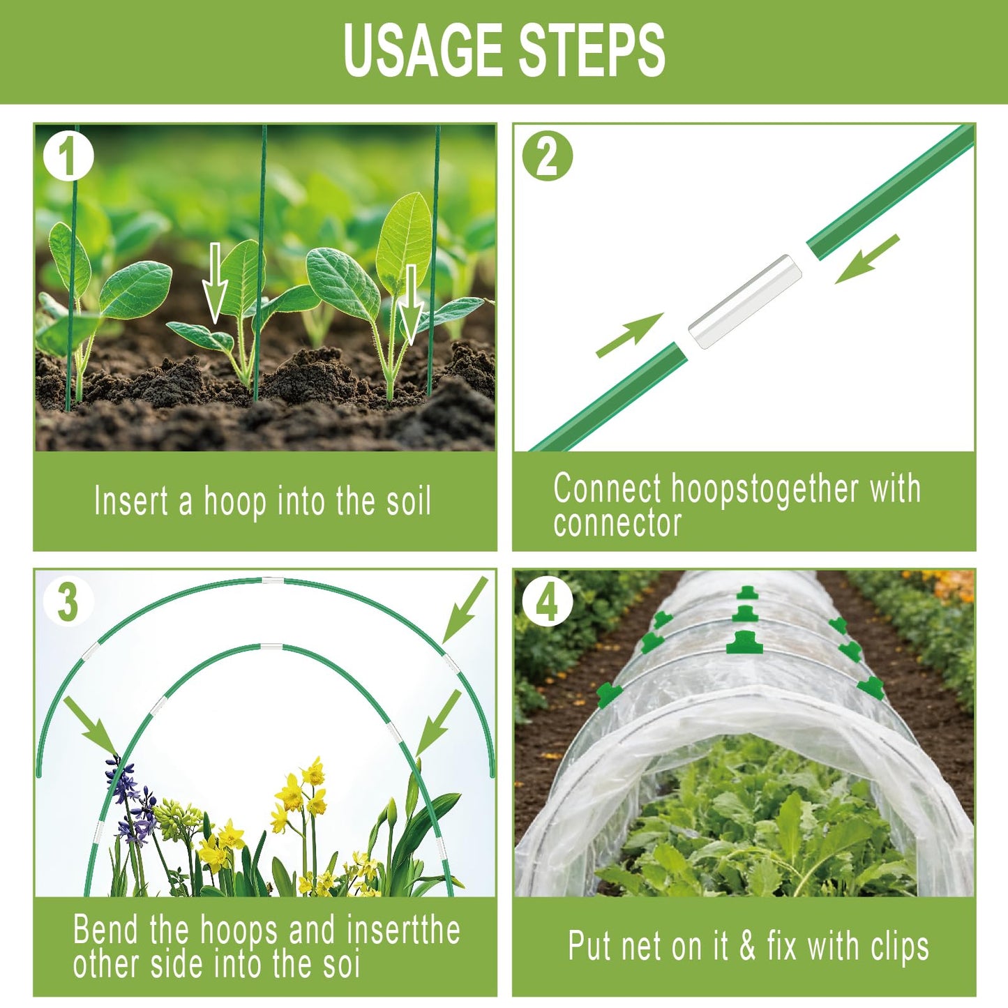 60PCS Garden Hoops for Raised Beds, 8FT Rust-Free Fiberglass Greenhouse Hoops, DIY Frame Stake to Create Grow Tunnels, Plant Support Row Covers & Garden Netting, 40Pcs Clips