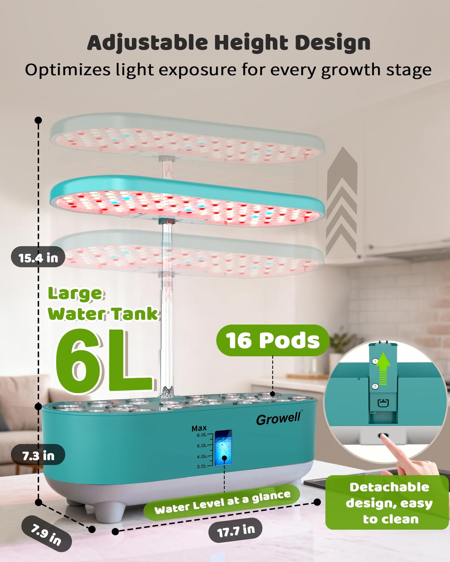 Growell Hydroponics Growing System Kit, 16 Pods, Vertical 8L Indoor Gardening System for Herb Vegetable Fruit, Hydro Garden with LED Grow Light, Smart Water Circulation, 3 Light Modes & 2 Timer, Green