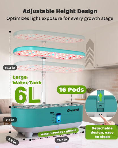 Growell Hydroponics Growing System Kit, 16 Pods, Vertical 8L Indoor Gardening System for Herb Vegetable Fruit, Hydro Garden with LED Grow Light, Smart Water Circulation, 3 Light Modes & 2 Timer, Green