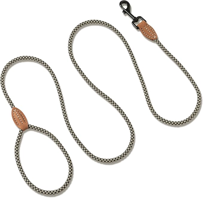 Mile High Life Small Dog Leash, Thin Rope Leash with Genuine Leather Connection and Heavy Duty Metal Clasp, Great for Small Medium Dogs(Black Khaki,72 Inch-1/3)
