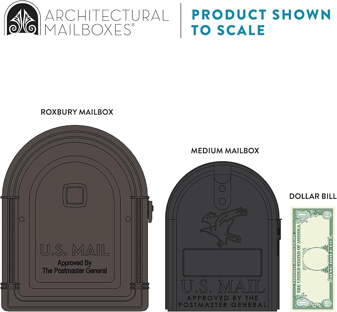 Architectural Mailboxes Roxbury Mailbox with Post, Rubbed Bronze, Large | Includes the matching post and all hardware. Galvanized steel build and rust-resistant powder-coat finish. USPS approved.
