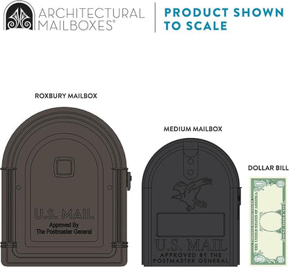 Architectural Mailboxes Roxbury Mailbox with Post, Rubbed Bronze, Large | Includes the matching post and all hardware. Galvanized steel build and rust-resistant powder-coat finish. USPS approved.