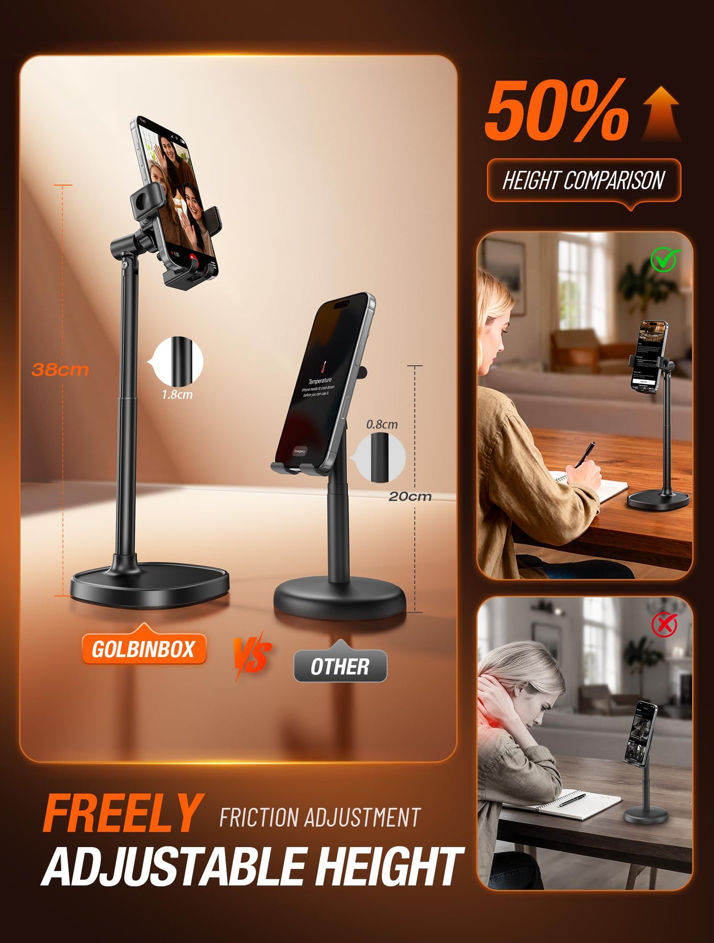 GolbinBox Phone Stand for Desk - Quick Release, Adjustable Height & Angle, 180° Flip & 360° Rotation, Universal Desktop Holder for iPhone, Samsung, Android