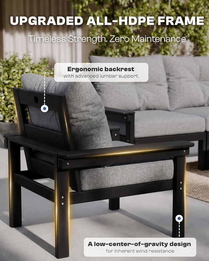 HDPE Outdoor Patio Furniture Set, 6-Piece Patio Conversation Sets with Coffee Table & Side Table & Grey Washable Thick Cushions, Outdoor Sofa for Balcony, Porch (Black Frame)
