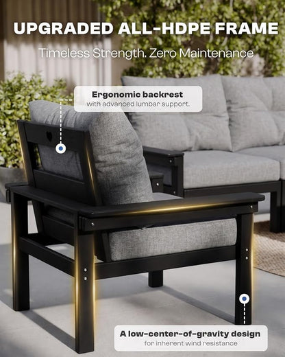 HDPE Patio Sofa Set, 3-Piece Sectional Outdoor Patio Furniture Set, All Weather Outdoor Couch Set with Grey Washable Thick Cushions for Lawn, Garden, Deck, Balcony, Porch(Black Frame)